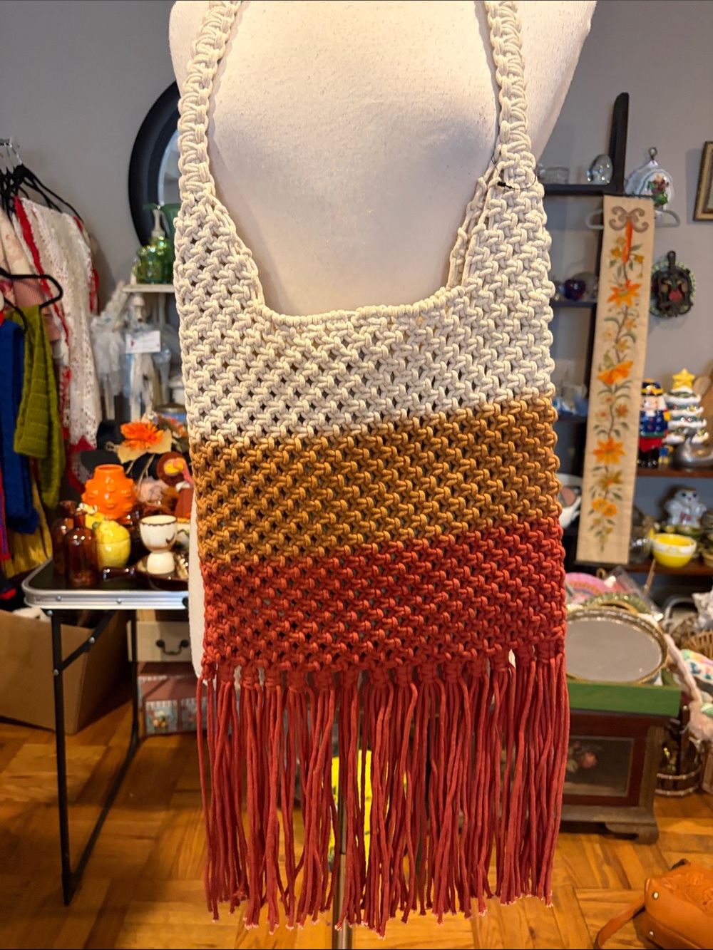 Boho Macrame’ ombré tri color shoulder bag with fringe